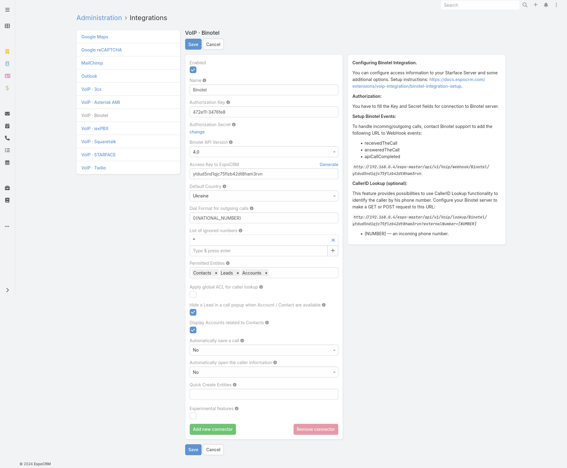 Binotel integration config