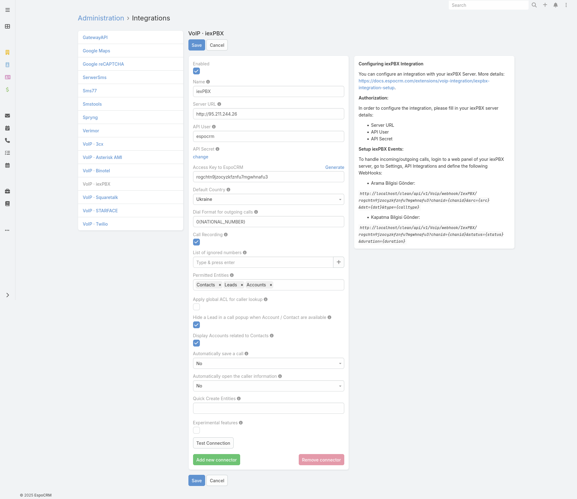iexPBX integration config