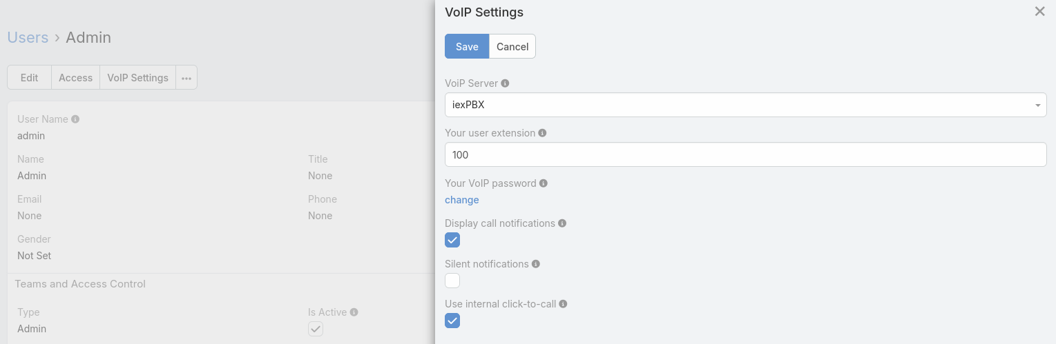 iexPBX User settings