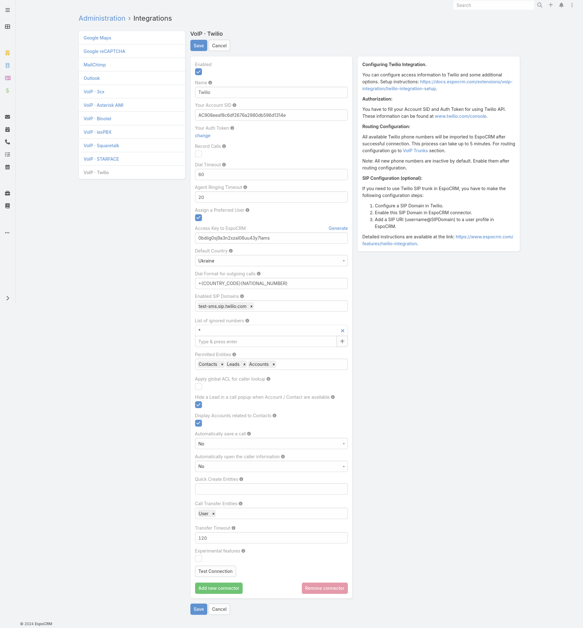 Twilio integration config